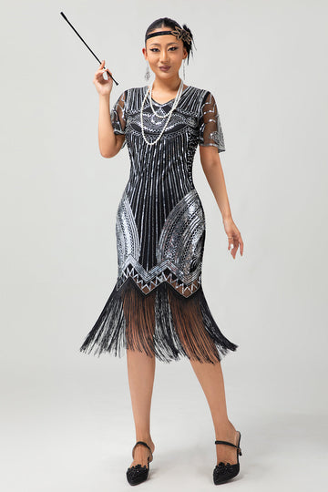 Sparkly Black Silver Sequins Bodycon Gatsby Midi 1920s Dress with Tassels